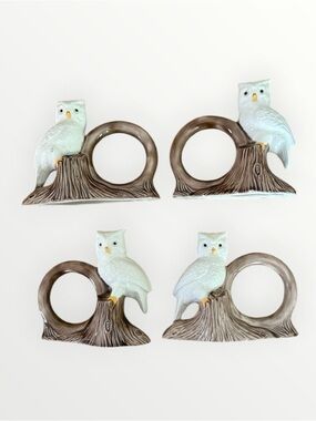Vintage Snowy Owl on Branch Ceramic Napkin Rings Woodsy Cabincore  Set Of 4